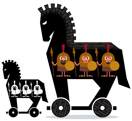 Cartoon Trojan horse with Greek soldiers in it in 2 versions.