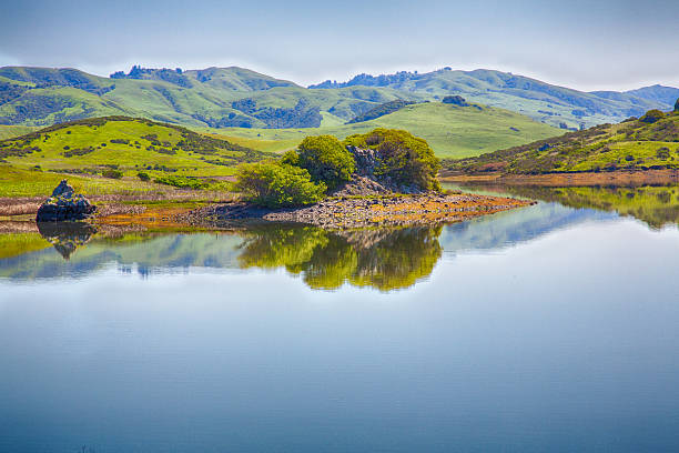 Nicasio Reservoir Nicasio Reservoir in Marin County California with a perfect reflection in the calm water. marin county stock pictures, royalty-free photos & images