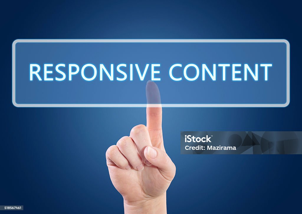 Responsive Content Hand pressing Responsive Content button on interface with blue background. Accessibility Stock Photo