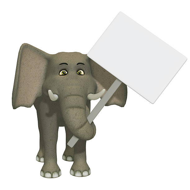 cartoon 3d elephant wizh a blank sign stock photo