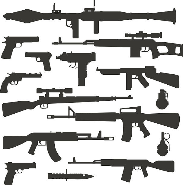 kolekcja różnych broni wojskowej pistolet strzał automatyczne maszyny sylwetka policji - weapon stock illustrations