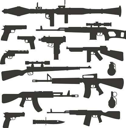 Silhouette army weapons and handgun army silhouette weapons. War rifle army assault silhouette weapons murder. Weapon collection different military automatic gun shot machines silhouette vector.