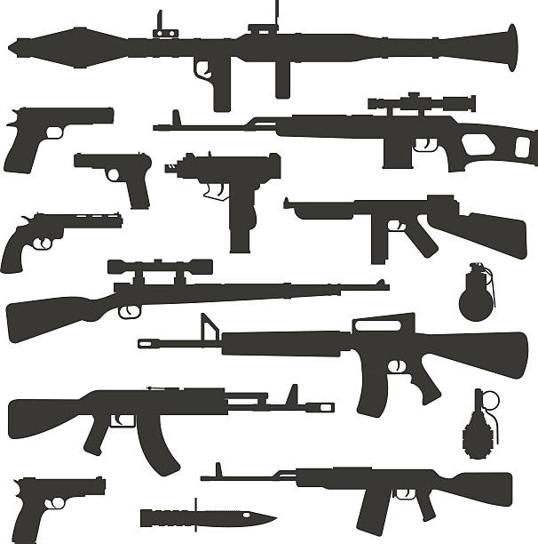 Weapon collection different military automatic gun shot machines silhouette police Silhouette army weapons and handgun army silhouette weapons. War rifle army assault silhouette weapons murder. Weapon collection different military automatic gun shot machines silhouette vector. machine gun stock illustrations