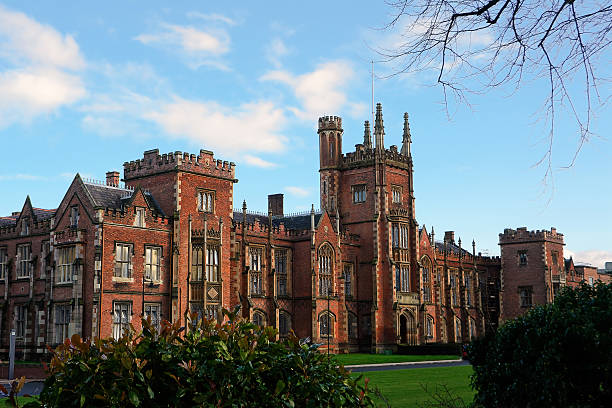 Queens's University Belfast Belfast, United Kingdom - February 22, 2016: Queens's University Belfast in a sunset with nobody bailey castle stock pictures, royalty-free photos & images