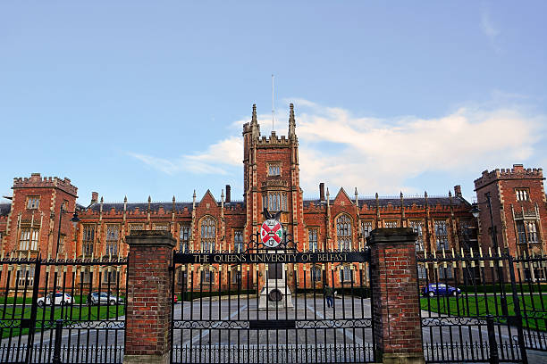Queens's University of Belfast Belfast, United Kingdom - February 22, 2016: Queens's University of Belfast at sunset with nobody bailey castle photos stock pictures, royalty-free photos & images