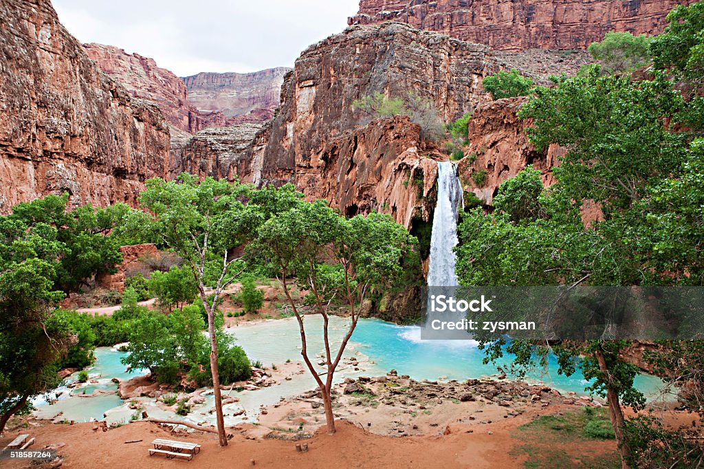 Havasupai Waterfalls The blue-green waters of Havasu Creek in Grand Canyon, Arizona Havasupai Indian Reservation Stock Photo