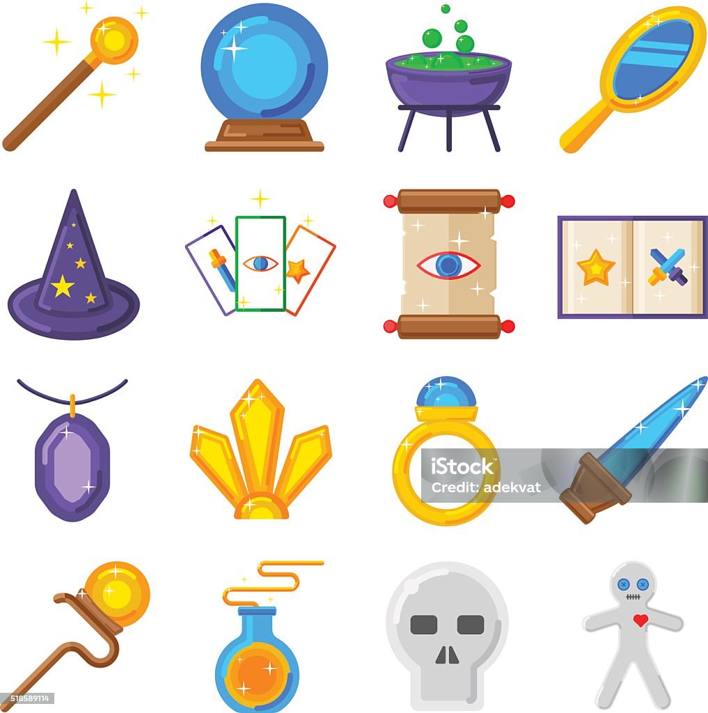 Magic performance decorative icons set magician vector Magic icons star collection and magic icons trick sign. Trick magic icons  fun book entertainment show. Fairy magic event show performance. Magic performance decorative icons set magician vector. Crystal Ball stock vector