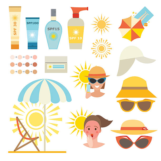 Skin sun protection cancer body prevention infographic vector icons Care cream skin protection and beauty skin protection lotion. Skin summer protection, health beach skin protection sunscreen sea vacation. Skin sun protection cancer body prevention infographic vector sun hat stock illustrations