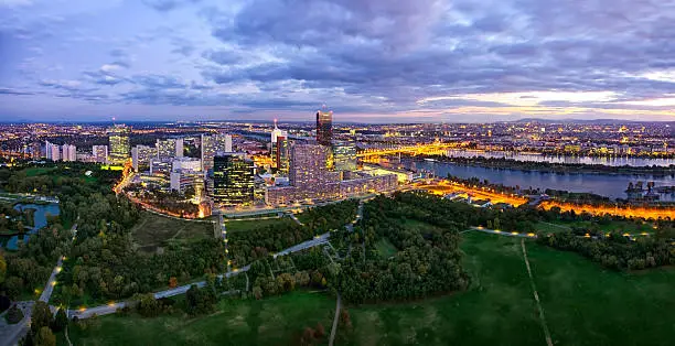 Panorama of the skyline of Donau City Vienna at the danube river with the new DC-Tower opened February 2014.