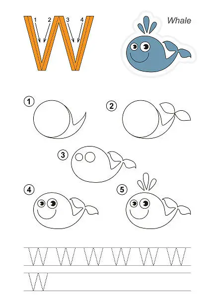 Vector illustration of Drawing tutorial. Game for letter W