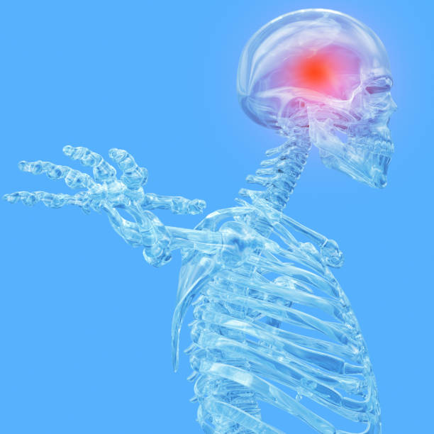 istock Skeleton made from glass or crystal. Head ache. 3D Illustration. 518590494