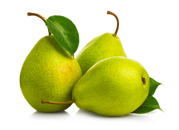 istock Ripe green pears isolated with leaves isolated 518590628