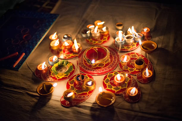 Diwali Candles and Oil Lamps at Night stock photo