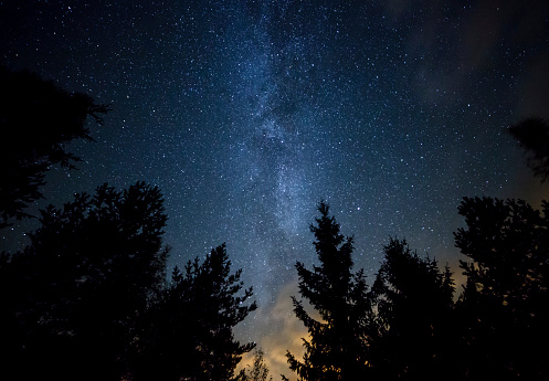 Night sky with the Milky Way over the forest and trees. The last light of the setting Sun on the bottom of the image.