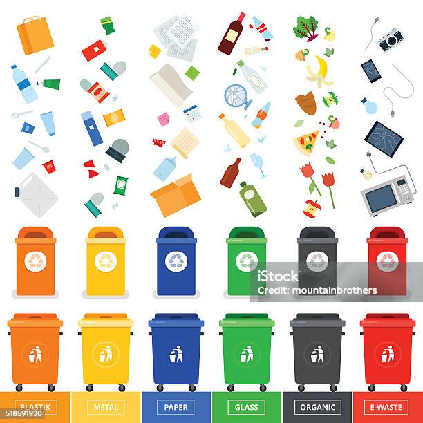 Trash Cans With Srted Garbage Stock Illustration - Download Image Now - Recycling, Garbage, Recycling Bin