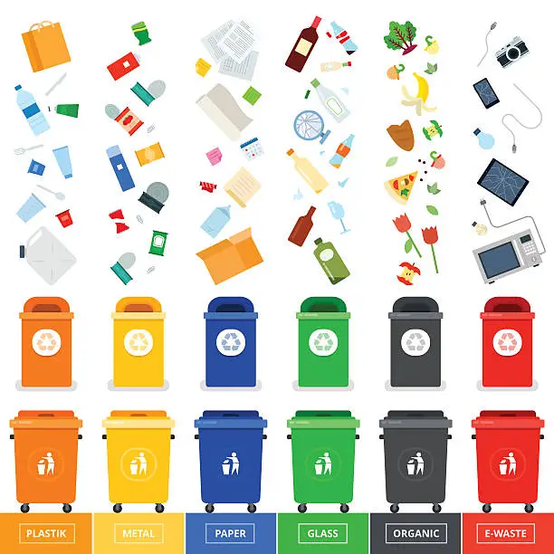 Vector illustration of Trash cans with srted garbage