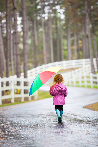 istock Girl Walking in Rain With Umbrella 518591971