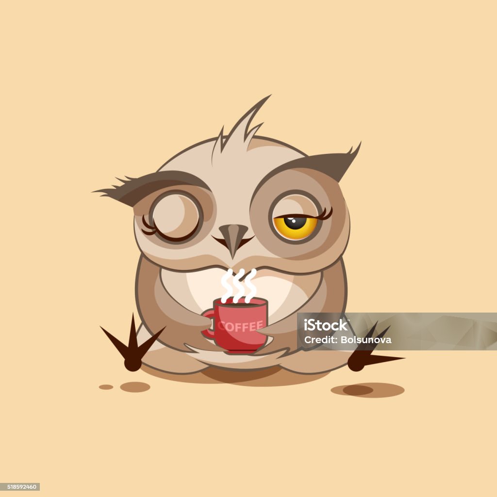 Owl Good morning Vector Stock Illustration isolated Emoji character cartoon owl just woke up with cup of coffee sticker emoticon for site, infographic, video, animation, websites, e-mails, newsletters, reports, comics Air Vehicle stock vector