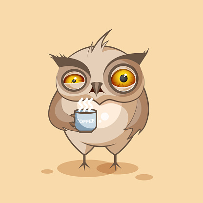 Vector Stock Illustration isolated Emoji character cartoon owl nervous with cup of coffee sticker emoticon for site, infographics, video, animation, websites, e-mails, newsletters, reports, comics
