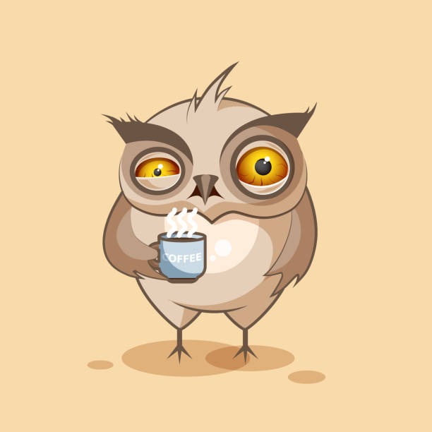Owl is nervous Vector Stock Illustration isolated Emoji character cartoon owl nervous with cup of coffee sticker emoticon for site, infographics, video, animation, websites, e-mails, newsletters, reports, comics crazy chicken stock illustrations