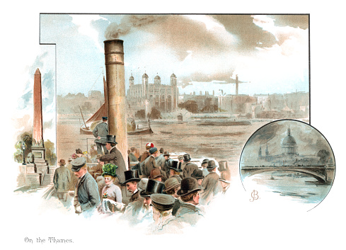 London, England - February 12, 2016: A steam boat full of passengers on the River Thames approaching the Tower of London with insets of Cleopatra’s Needle and St Paul’s Cathedral. From “Souvenir of London - 14 fac-Similes (sic) of Water-Colours by Carl J Becker” published by Henri Nestlé, 9 Snow Hill, EC, London, 1891. The book is an advertising publication by the chocolate manufacturers Nestlé and most of the paintings bear some advertising for their products.