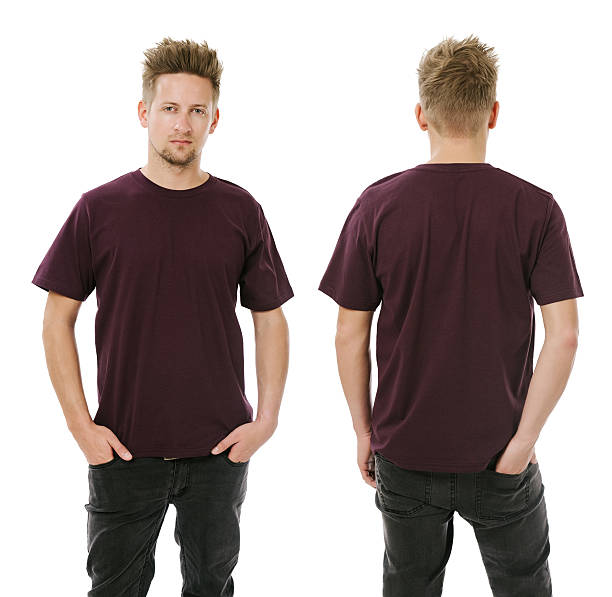 istock Man posing with blank dark purple shirt 518593805
