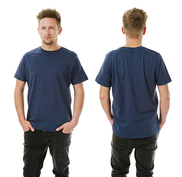 Man posing with blank navy blue shirt Photo of a man wearing blank navy blue t-shirt, front and back. Ready for your design or artwork. blue t shirt stock pictures, royalty-free photos & images