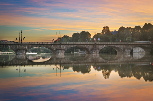 Turin (Torino), panorama with river Po at twilight