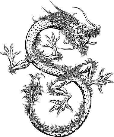 A black and white illustration of a Chinese or Japanese style oriental dragon