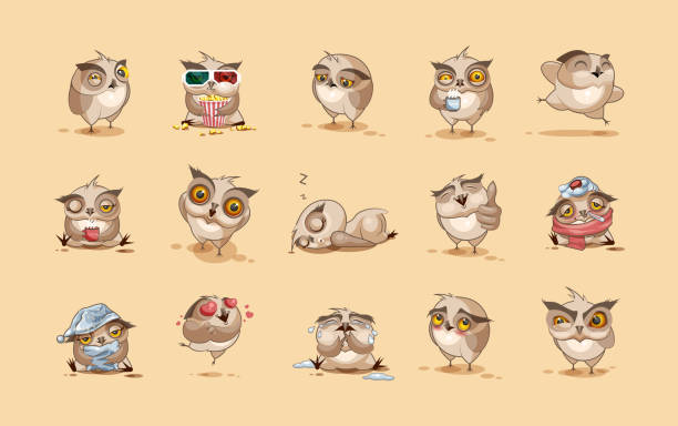 Set of Owls Set Vector Stock Illustrations isolated Emoji character cartoon owl stickers emoticons with different emotions for site, infographics, video, animation, websites, e-mails, newsletters, reports, comics sport set competition round stock illustrations