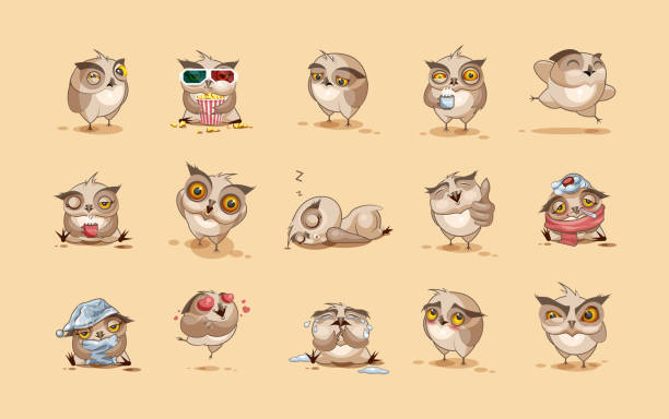 Set of Owls Set Vector Stock Illustrations isolated Emoji character cartoon owl stickers emoticons with different emotions for site, infographics, video, animation, websites, e-mails, newsletters, reports, comics cartoon of bird with glasses stock illustrations
