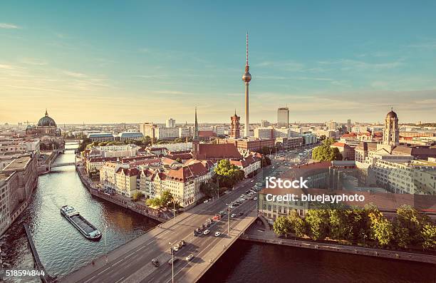 Berlin Skyline With Spree River In Summer Germany Stock Photo - Download Image Now - Berlin, Urban Skyline, Aerial View