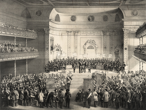 This 1851 vintage illustration depicts a large group of Freemasons gathering for a celebration.