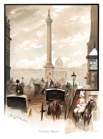 London, England - February 12, 2016: Traffic in Trafalgar Square, London, with the National Gallery, Nelson’s Monument and an inset of a mounted Guardsman. From “Souvenir of London - 14 fac-Similes (sic) of Water-Colours by Carl J Becker” published by Henri Nestlé, 9 Snow Hill, EC, London, 1891. The book is an advertising publication by the chocolate manufacturers Nestlé and most of the paintings bear some advertising for their products.