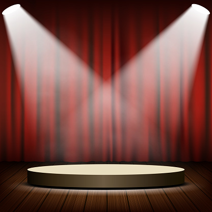 Round podium in the scene. Red curtains and spotlights. Stock vector illustration.