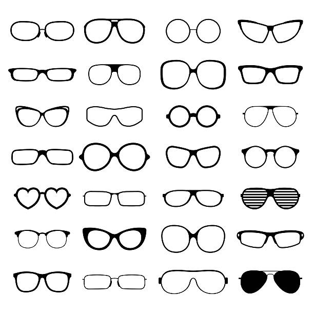 ilustraciones, imágenes clip art, dibujos animados e iconos de stock de colección de varios estilos de moda gafas negras silueta vector de - optical instrument illustrations