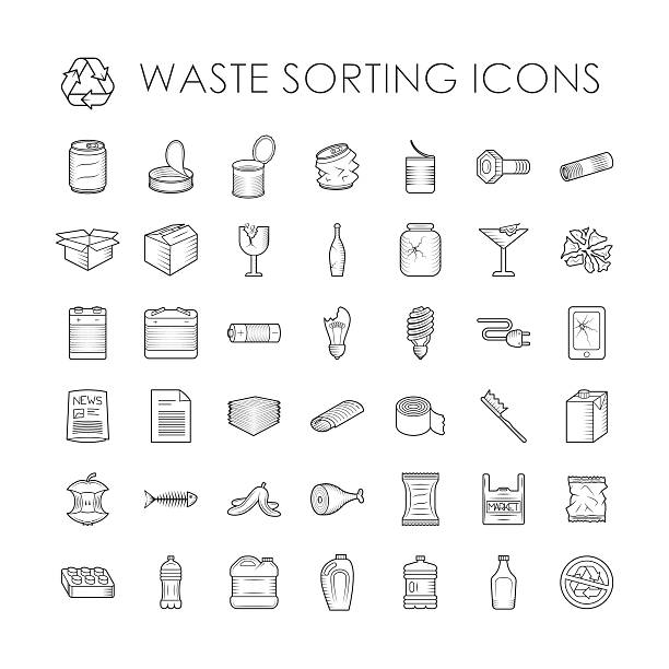 illustrazioni stock, clip art, cartoni animati e icone di tendenza di gruppo di camion separazione riciclaggio rifiuti relative icone di contorno di smistamento - spreco alimentare