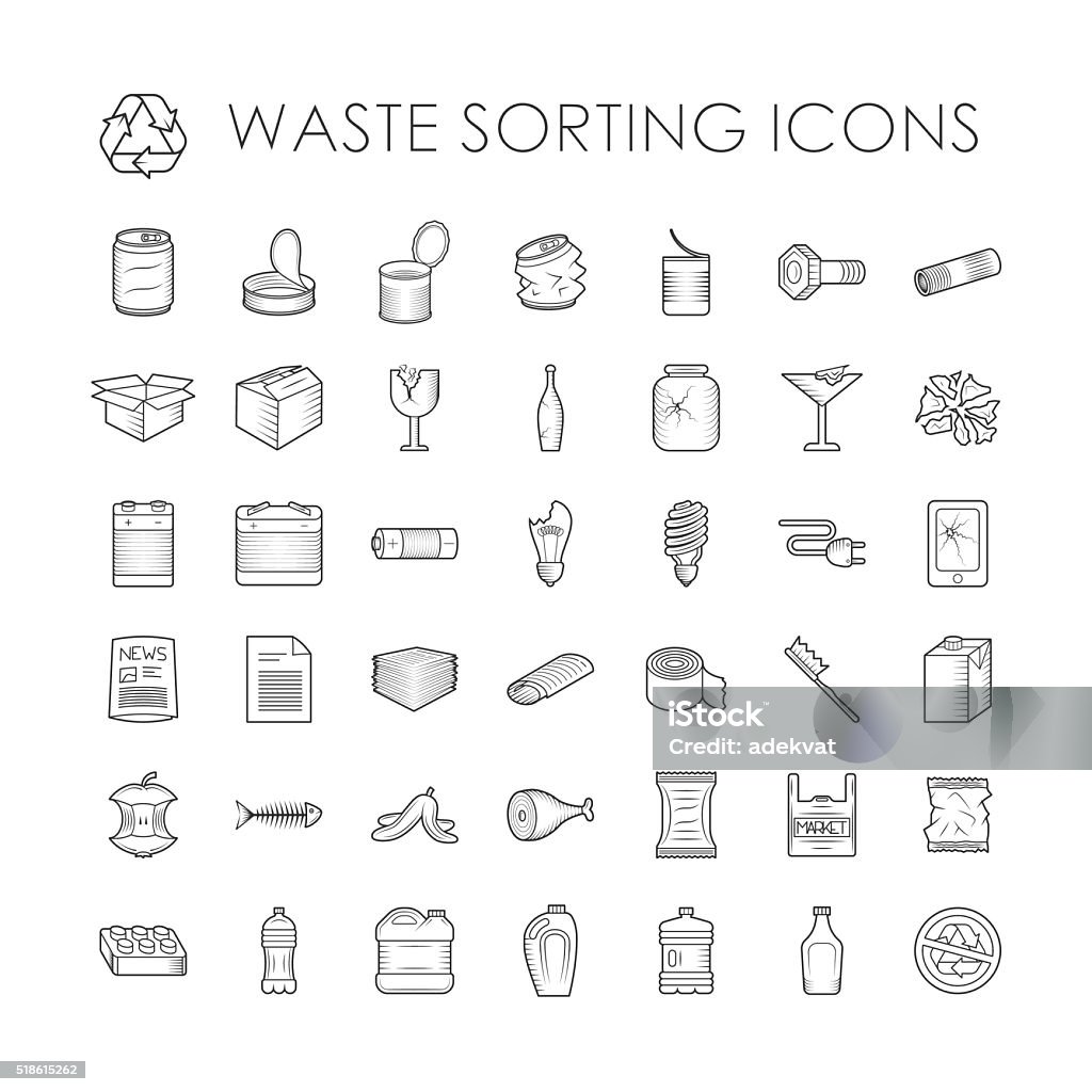 Set of garbage separation recycling related waste sorting outline icons Waste sorting ecology outline icons and waste sorting environment trash outline icons. Waste sorting recycle container. Set of garbage separation recycling related waste sorting outline icons vector. Garbage stock vector