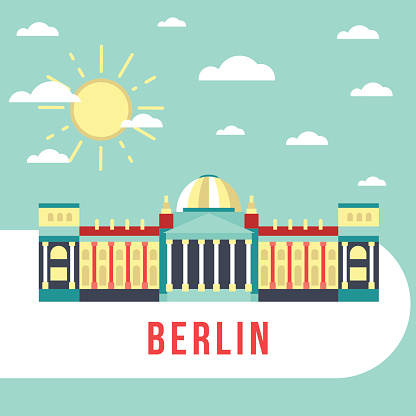 Flat vector retro illustration Reichstag in Berlin, Germany. Monument famous building, sun and sky. City landskape