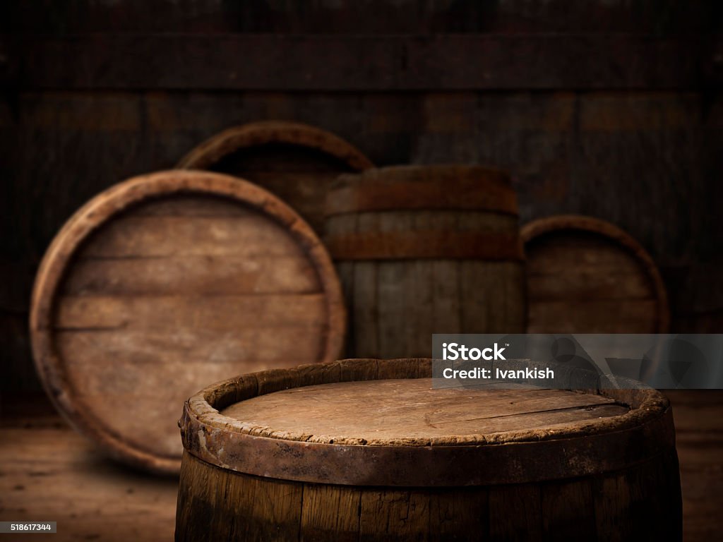 background of barrel background of barrel and worn old table of wood, Barrel Stock Photo