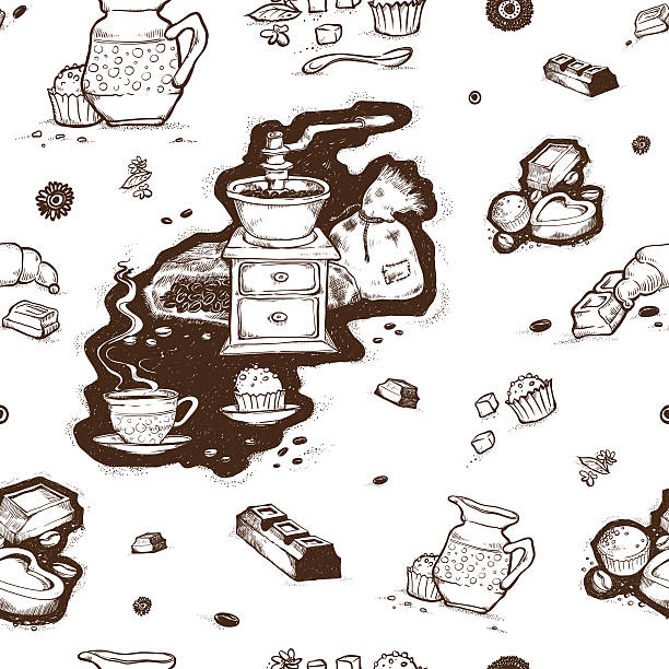 ilustrações, clipart, desenhos animados e ícones de padrão xícara de café, e moedor de grãos - backgrounds candy close up collection