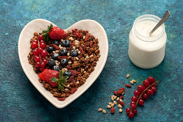 istock Muesli and fresh berries for breakfast. top view 518621298