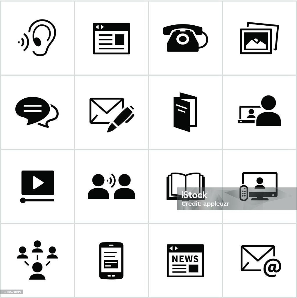 Black Communication Methods Icons Communication Icons. All white strokes/shapes are cut from the icons and merged allowing the background to show through. Icon Symbol stock vector