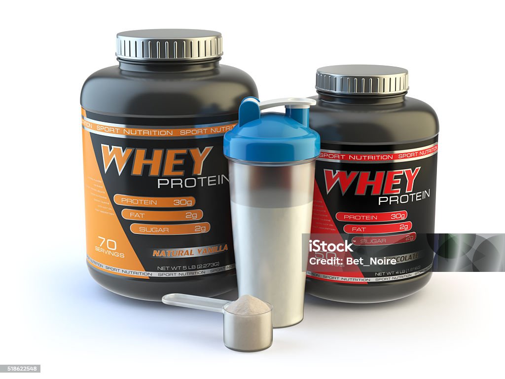 Sport nutrition, whey protein powder for bodybuilding with plast Sport nutrition, whey protein powder for bodybuilding with plastic jars and shaker isolated on white. 3d Protein Stock Photo