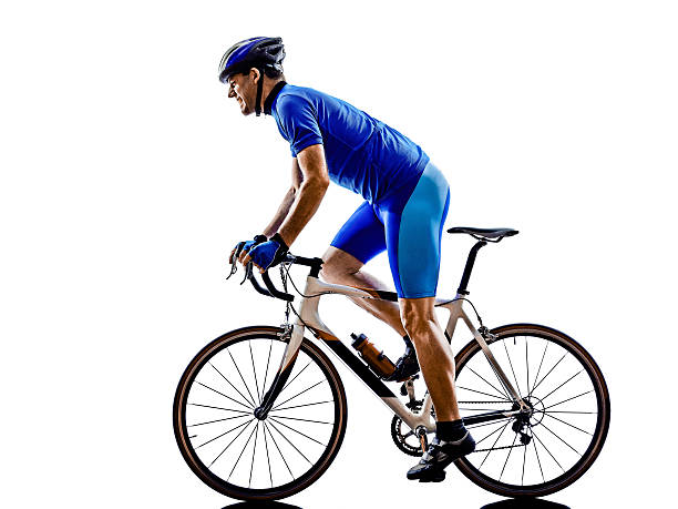 one cyclist road bicycle in silhouette on white background
