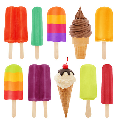 Colorful Frozen Treats Collection - Ice Pops and Ice Creams isolated on white