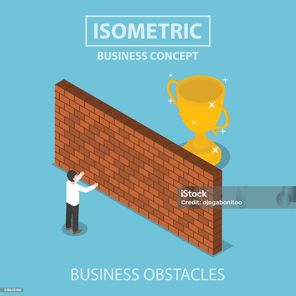 Isometric businessman standing in front of brick wall with troph Isometric businessman standing in front of brick wall with trophy behind, business obstacle concept, VECTOR, EPS10 Surrounding Wall stock vector