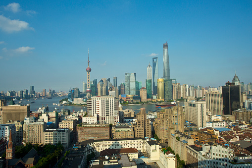 traditional and morden buildings along shanghaihuangpu river:lujiazui and shanghai bund