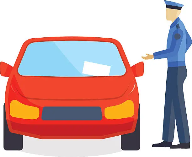 Vector illustration of Policeman writing speeding ticket driver parking attendant traffic warden car