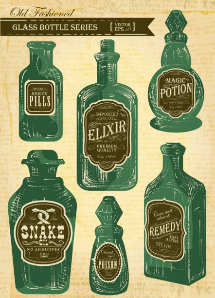 набор разных old fashioned этикетки и бутылки на бумаге - toxic substance poisonous organism bottle potion stock illustrations
